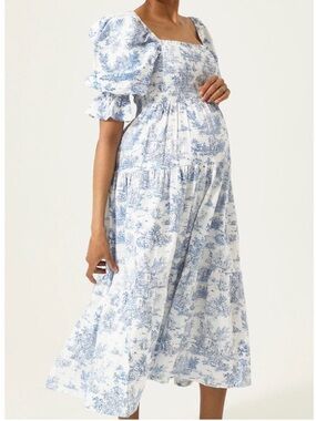 Nothing Fits But Kiko Midi Dress Smocked White Blue Toile Petite / Extra Small